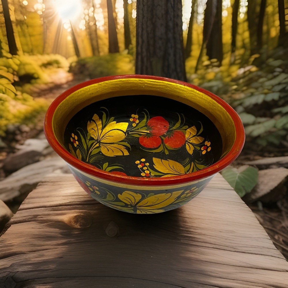 Vtg Russian USSR Khokhloma Hand Painted Flowers & Strawberry Wood Bowl 2.5"